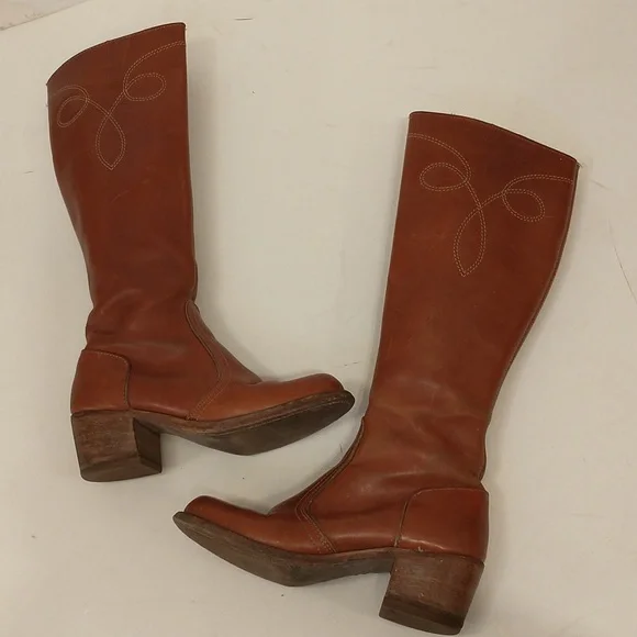 Vintage 70s Dexter Leather Boots 2.25 Chunky Leather Heels Dallas Chestnut sz7.5